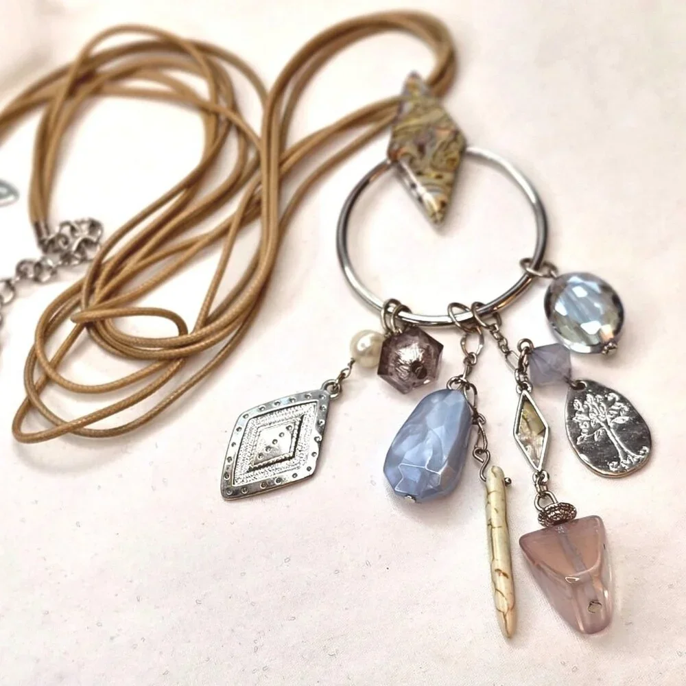 Chicos Boho Rose Quartz and Jasper Gemstone Leather Long Necklace - Picture 2 of 15